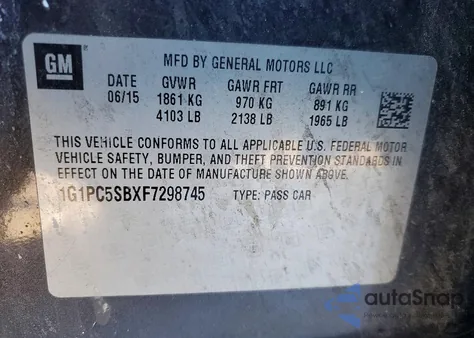 2015 Chevrolet Cruze Lt z USA, uszkodzony, nr VIN 1G1PC5SBXF7298745